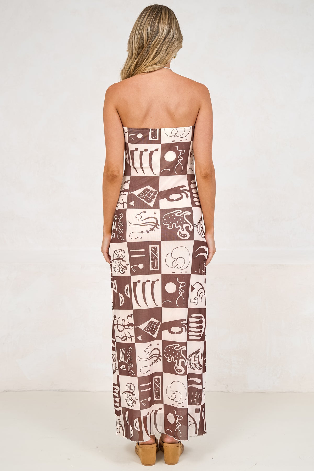 Liberty Maxi Dress - Strapless Mesh Overlay A Line Dress in Lavande Print Brown