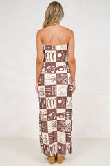 Liberty Maxi Dress - Strapless Mesh Overlay A Line Dress in Lavande Print Brown
