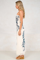 Liberty Maxi Dress - Strapless Mesh Overlay A Line Dress in Mazarine Print Navy