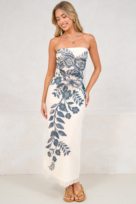 Liberty Maxi Dress - Strapless Mesh Overlay A Line Dress in Mazarine Print Navy