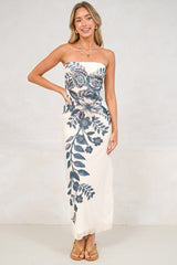 Liberty Maxi Dress - Strapless Mesh Overlay A Line Dress in Mazarine Print Navy