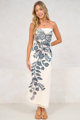 Liberty Maxi Dress - Strapless Mesh Overlay A Line Dress in Mazarine Print Navy