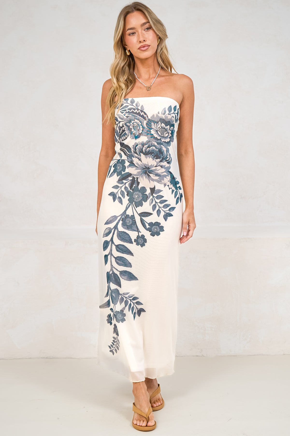 Liberty Maxi Dress - Strapless Mesh Overlay A Line Dress in Mazarine Print Navy