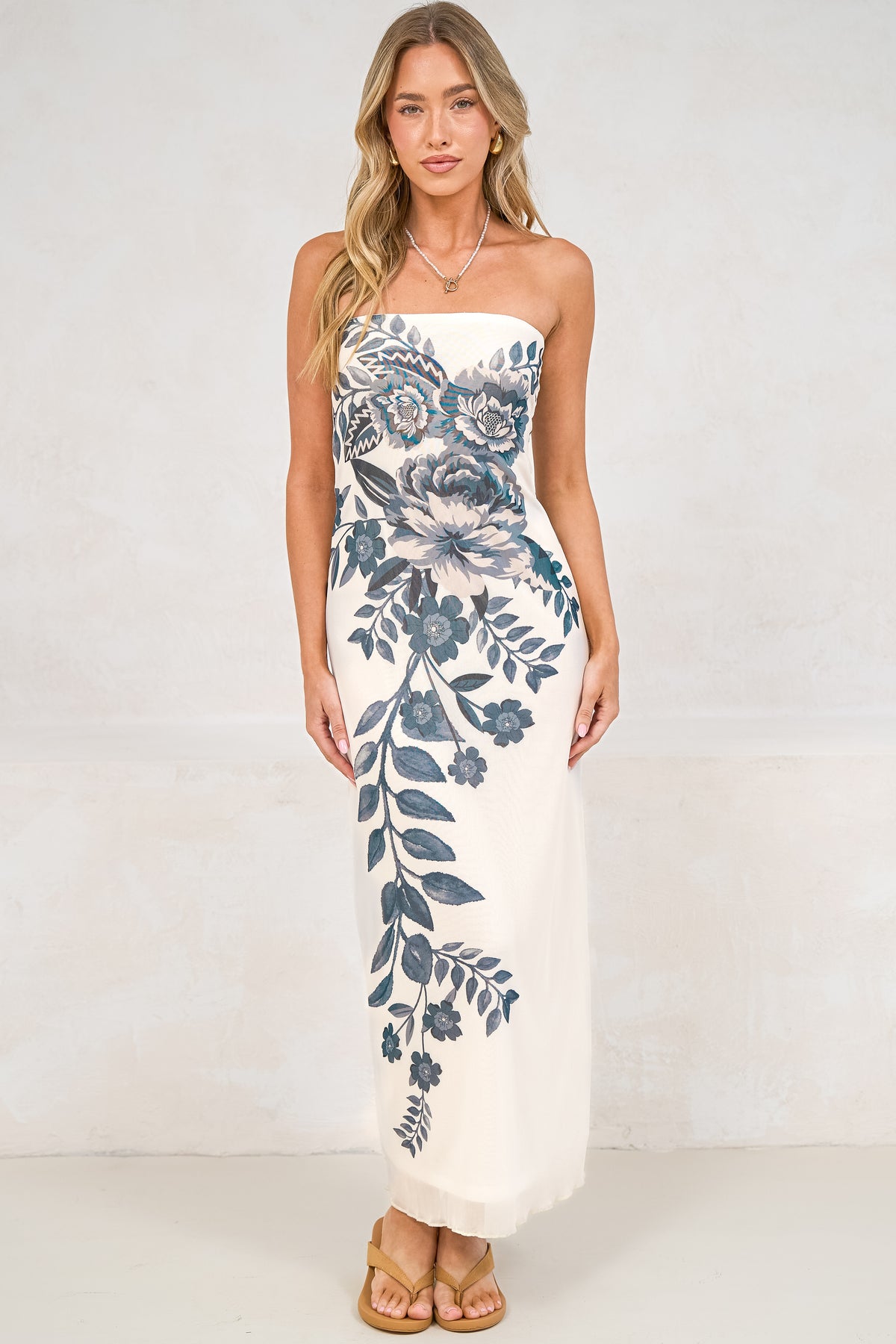 Liberty Maxi Dress - Strapless Mesh Overlay A Line Dress in Mazarine Print Navy