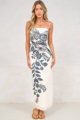 Liberty Maxi Dress - Strapless Mesh Overlay A Line Dress in Mazarine Print Navy
