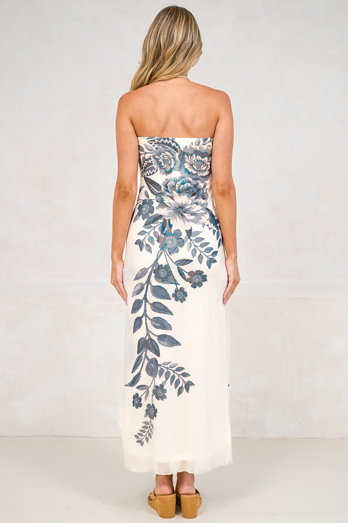 Liberty Maxi Dress - Strapless Mesh Overlay A Line Dress in Mazarine Print Navy