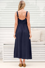 Lielle Midi Dress - V Neck A Line Linen Dress with Pockets in Navy