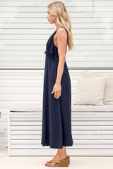 Lielle Midi Dress - V Neck A Line Linen Dress with Pockets in Navy