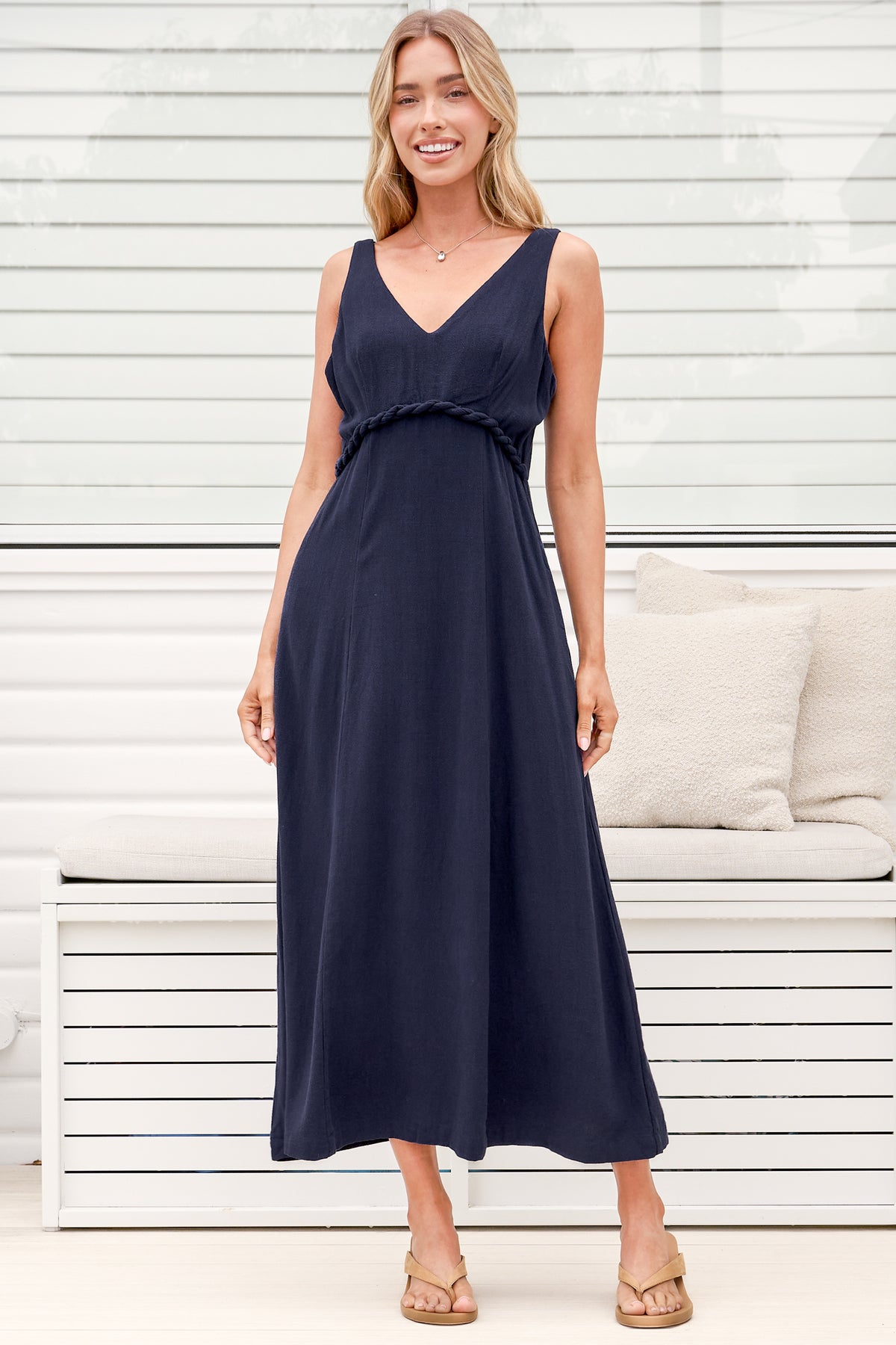 Lielle Midi Dress - V Neck A Line Linen Dress with Pockets in Navy