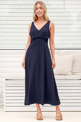 Lielle Midi Dress - V Neck A Line Linen Dress with Pockets in Navy