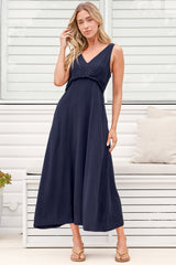 Lielle Midi Dress - V Neck A Line Linen Dress with Pockets in Navy