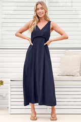 Lielle Midi Dress - V Neck A Line Linen Dress with Pockets in Navy