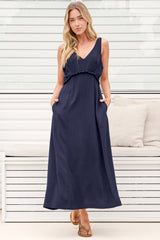 Lielle Midi Dress - V Neck A Line Linen Dress with Pockets in Navy