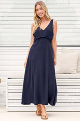Lielle Midi Dress - V Neck A Line Linen Dress with Pockets in Navy