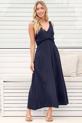 Lielle Midi Dress - V Neck A Line Linen Dress with Pockets in Navy