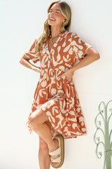 Lihanna Mini Dress - Split Collar Button-Front Tiered Dress with Short Sleeves in Jaxie Print Rust