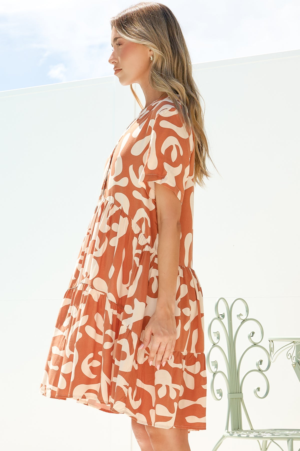 Lihanna Mini Dress - Split Collar Button-Front Tiered Dress with Short Sleeves in Jaxie Print Rust