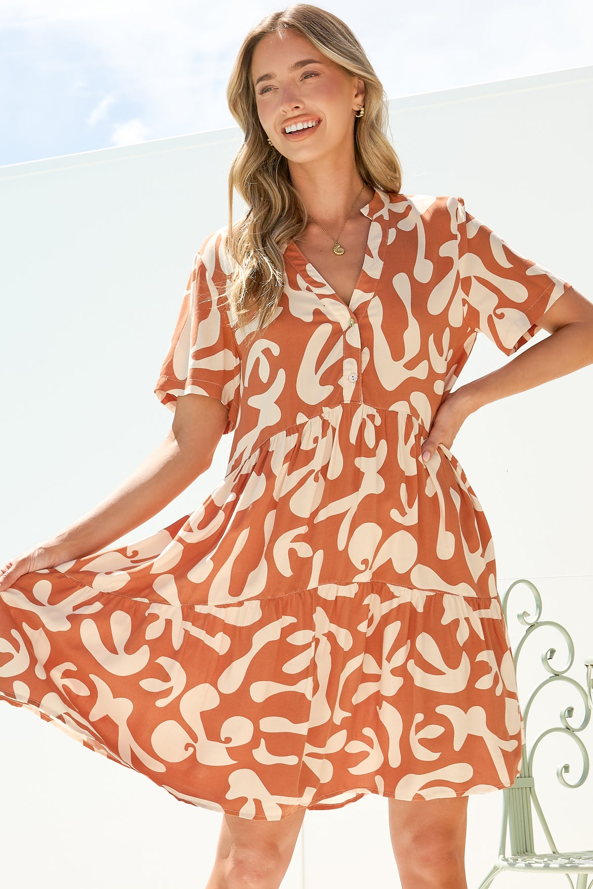 Lihanna Mini Dress - Split Collar Button-Front Tiered Dress with Short Sleeves in Jaxie Print Rust