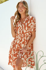 Lihanna Mini Dress - Split Collar Button-Front Tiered Dress with Short Sleeves in Jaxie Print Rust