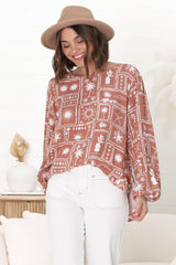 Lilah Blouse - Crew Neck High-Low Frill Hem Pull Over Blouse in Cailan Print Rust