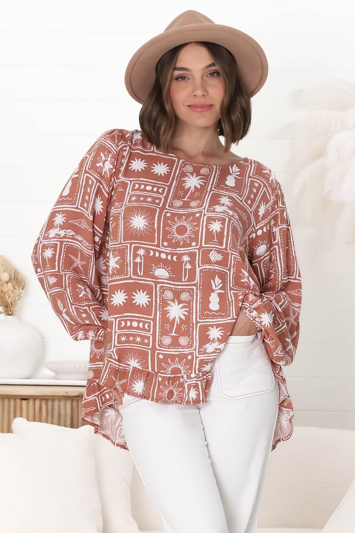 Lilah Blouse - Crew Neck High-Low Frill Hem Pull Over Blouse in Cailan Print Rust