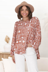 Lilah Blouse - Crew Neck High-Low Frill Hem Pull Over Blouse in Cailan Print Rust