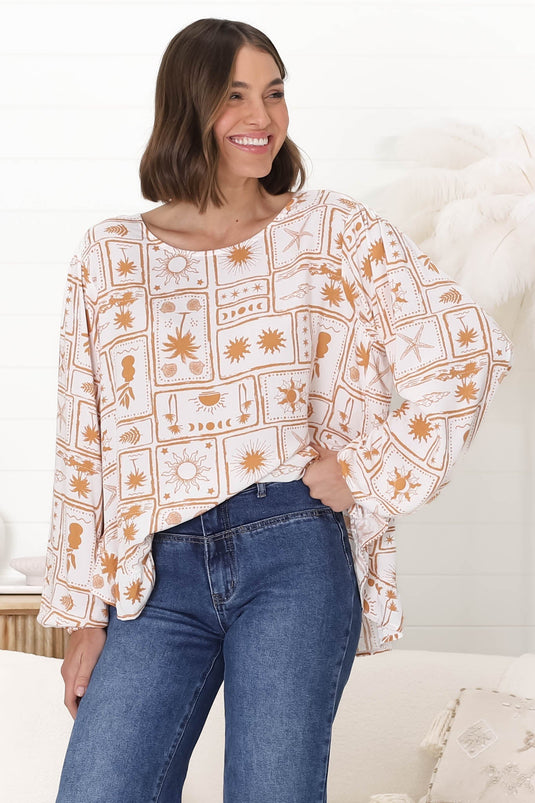 Lilah Blouse - Crew Neck High-Low Frill Hem Pull Over Blouse in Cailan Print White