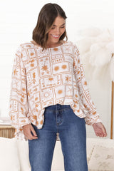 Lilah Blouse - Crew Neck High-Low Frill Hem Pull Over Blouse in Cailan Print White