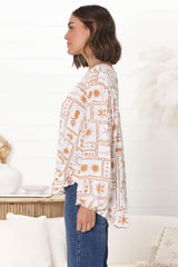 Lilah Blouse - Crew Neck High-Low Frill Hem Pull Over Blouse in Cailan Print White