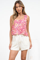 Lilas Top - Square Neck Top with Button Back Placket in Doralee Print
