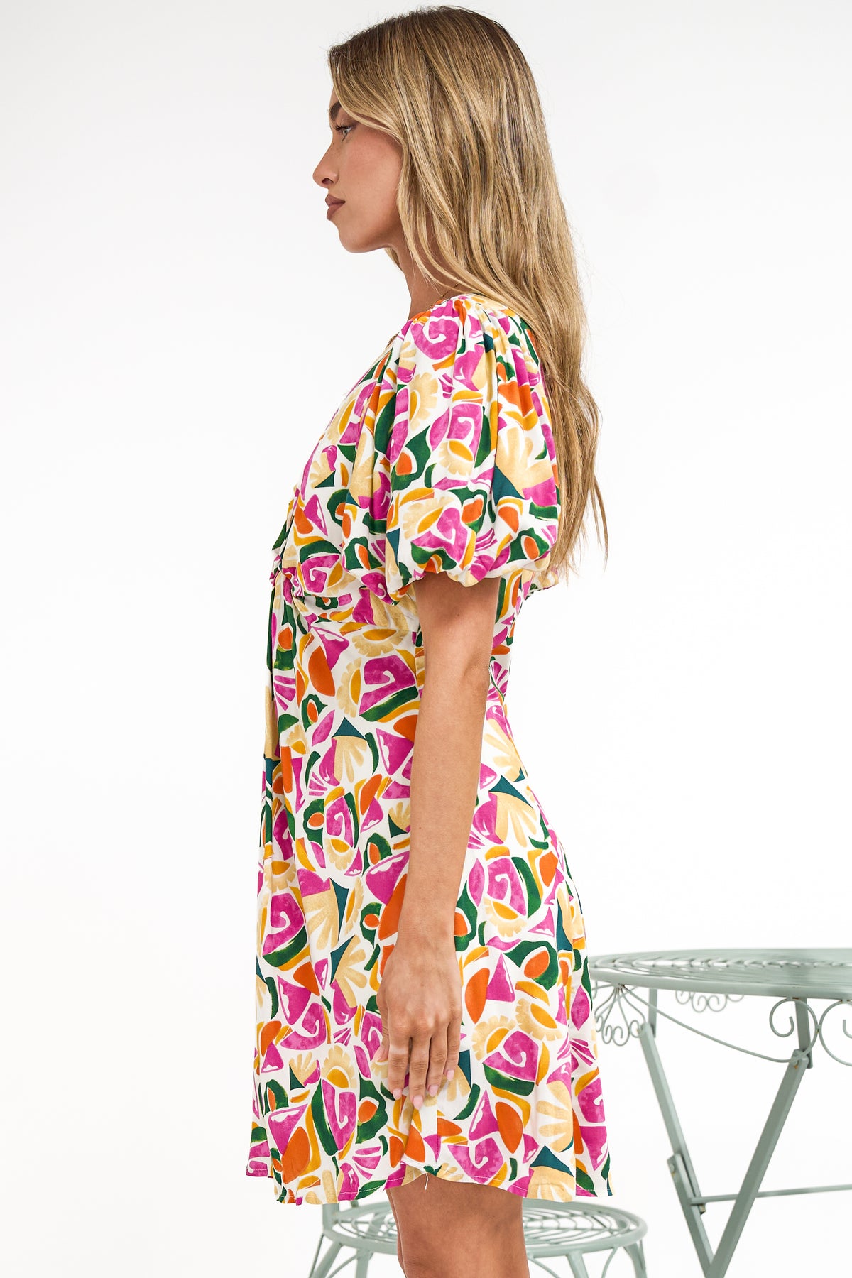 Lilibet Mini Dress - Twist Front Bodice Dress with Short Puff Sleeves in Danica Print