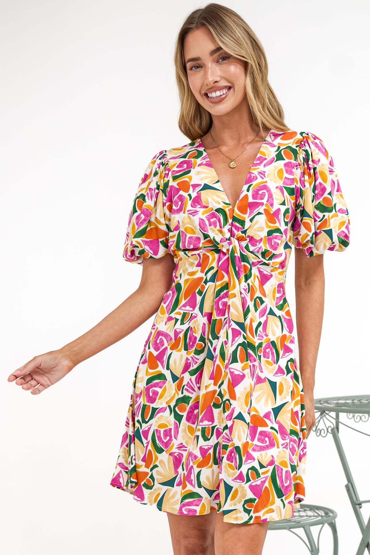 Lilibet Mini Dress - Twist Front Bodice Dress with Short Puff Sleeves in Danica Print