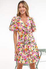 Lilibet Mini Dress - Twist Front Bodice Dress with Short Puff Sleeves in Danica Print