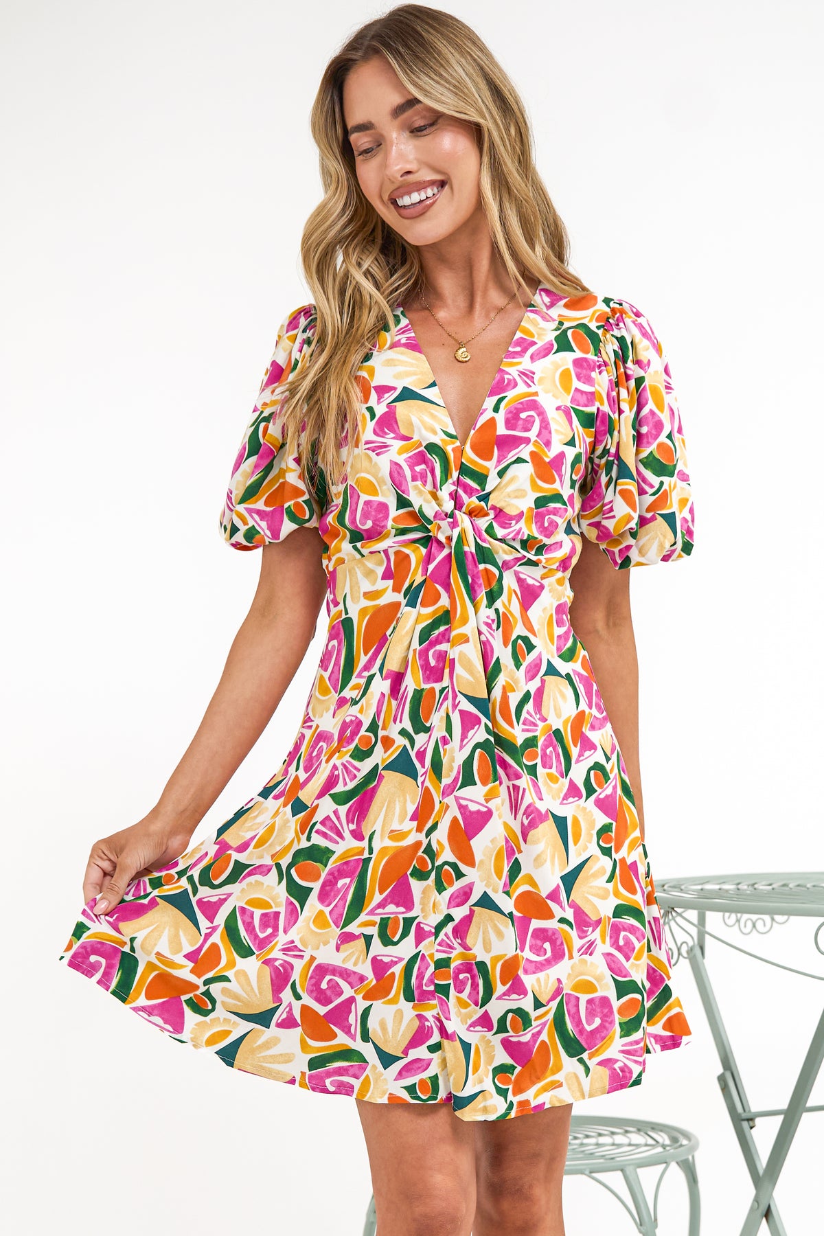 Lilibet Mini Dress - Twist Front Bodice Dress with Short Puff Sleeves in Danica Print