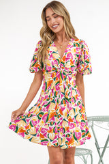 Lilibet Mini Dress - Twist Front Bodice Dress with Short Puff Sleeves in Danica Print