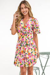 Lilibet Mini Dress - Twist Front Bodice Dress with Short Puff Sleeves in Danica Print