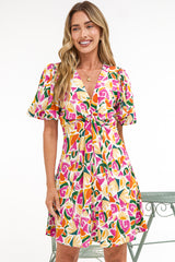 Lilibet Mini Dress - Twist Front Bodice Dress with Short Puff Sleeves in Danica Print