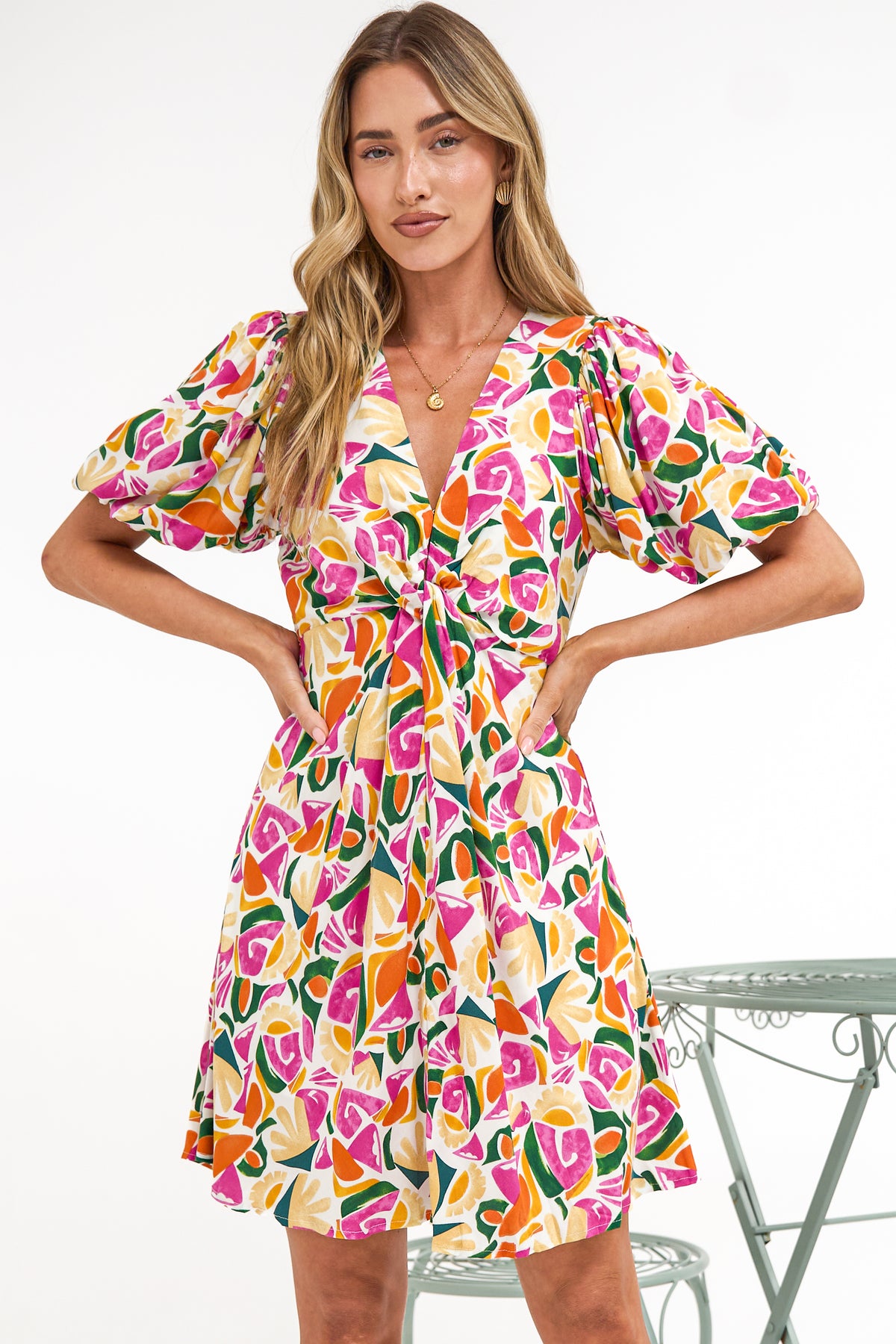 Lilibet Mini Dress - Twist Front Bodice Dress with Short Puff Sleeves in Danica Print