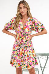 Lilibet Mini Dress - Twist Front Bodice Dress with Short Puff Sleeves in Danica Print
