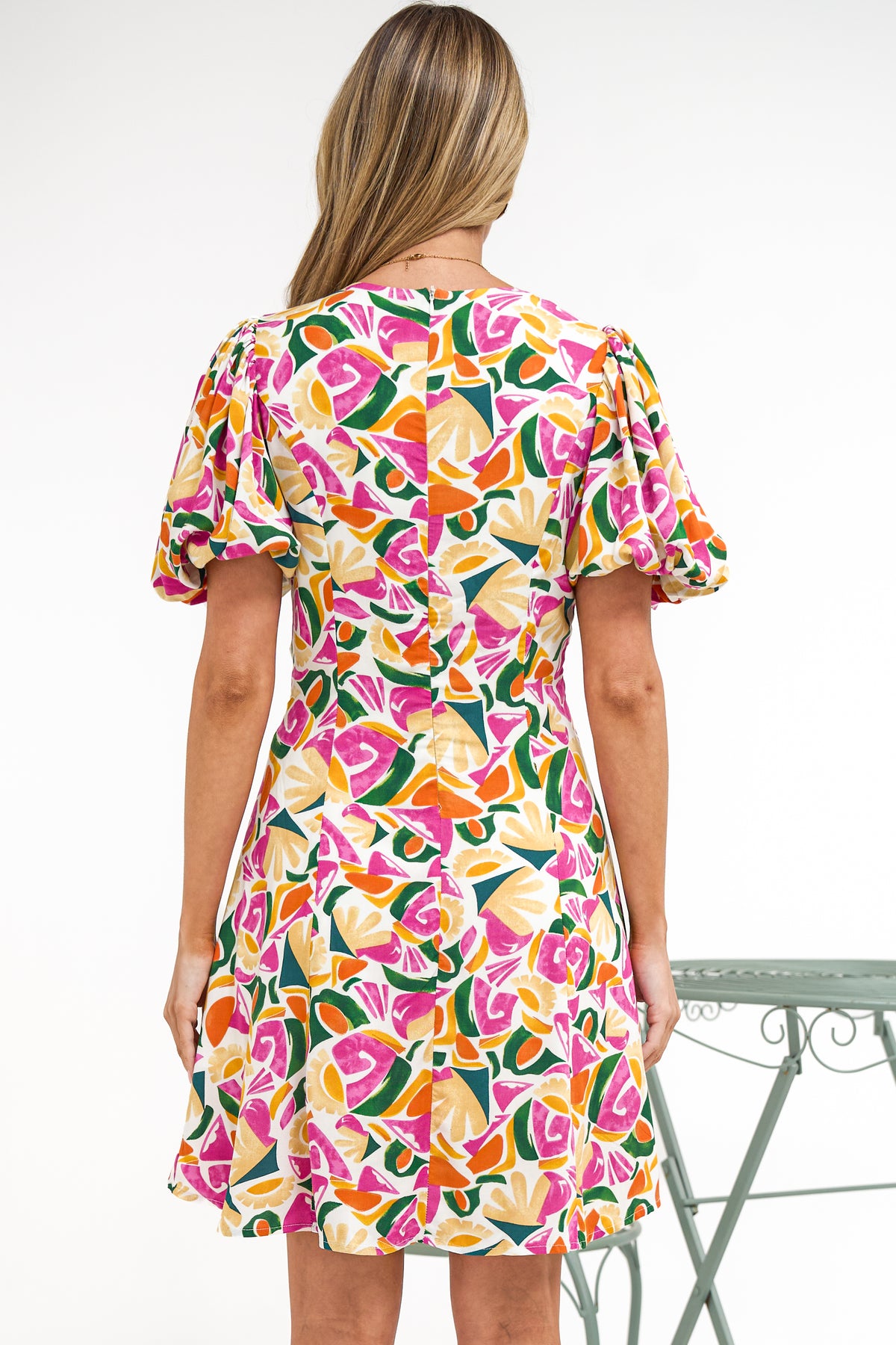 Lilibet Mini Dress - Twist Front Bodice Dress with Short Puff Sleeves in Danica Print