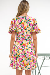 Lilibet Mini Dress - Twist Front Bodice Dress with Short Puff Sleeves in Danica Print