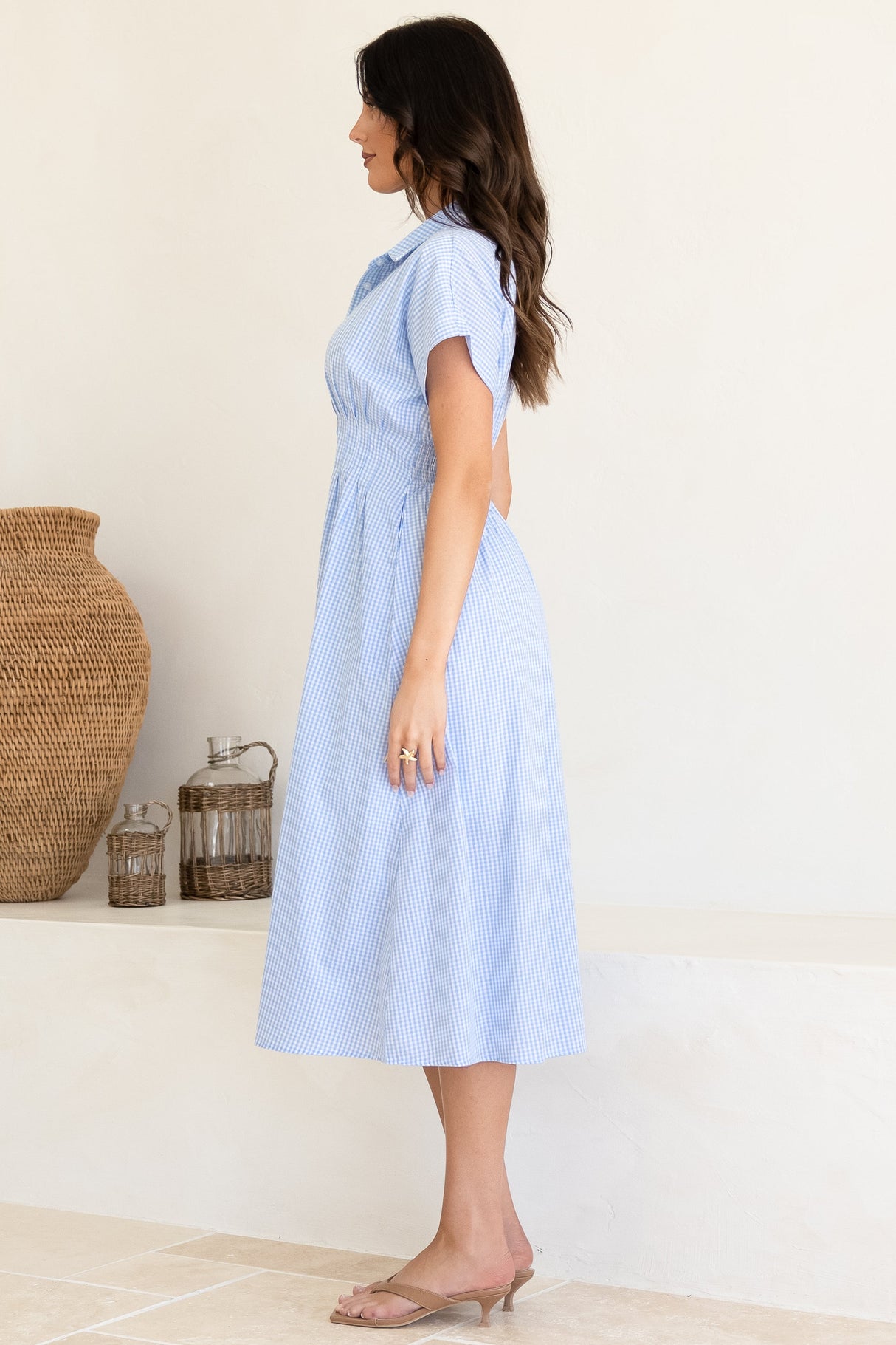 Lilla Midi Dress - Collared Buttoned Down A-Line Dress in Gingham Blue