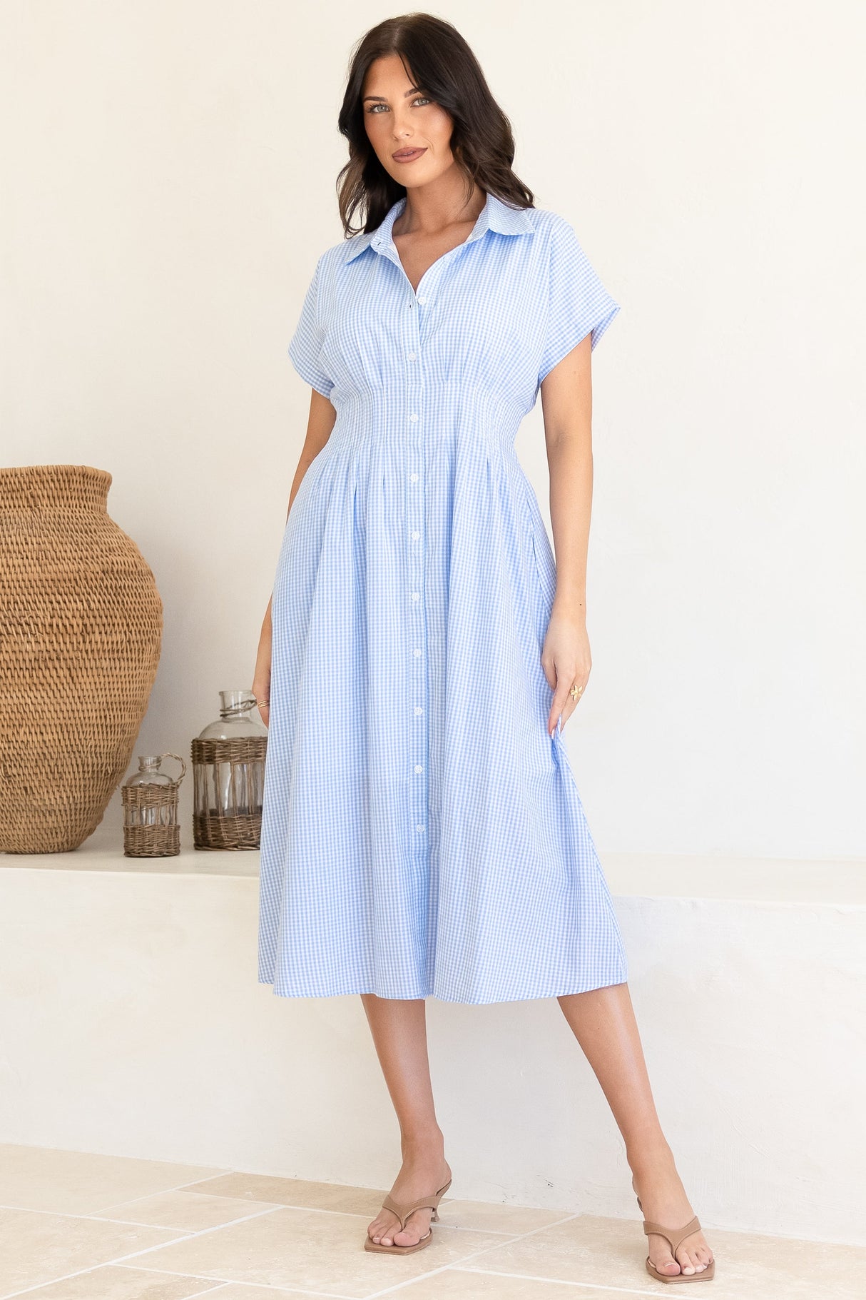 Lilla Midi Dress - Collared Buttoned Down A-Line Dress in Gingham Blue