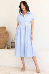 Lilla Midi Dress - Collared Buttoned Down A-Line Dress in Gingham Blue