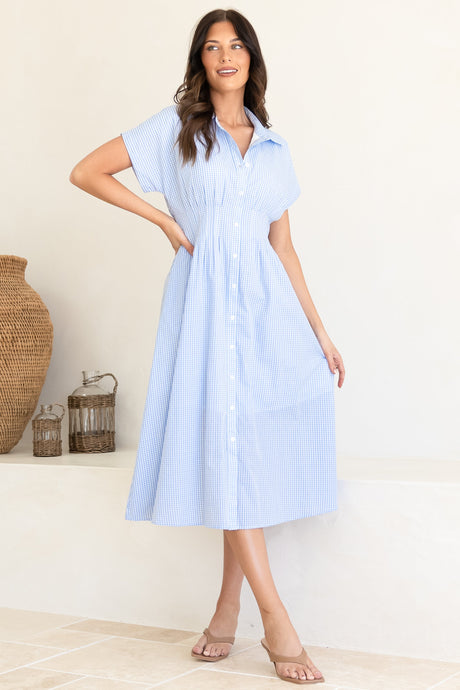 Lilla Midi Dress - Collared Buttoned Down A-Line Dress in Gingham Blue