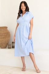 Lilla Midi Dress - Collared Buttoned Down A-Line Dress in Gingham Blue