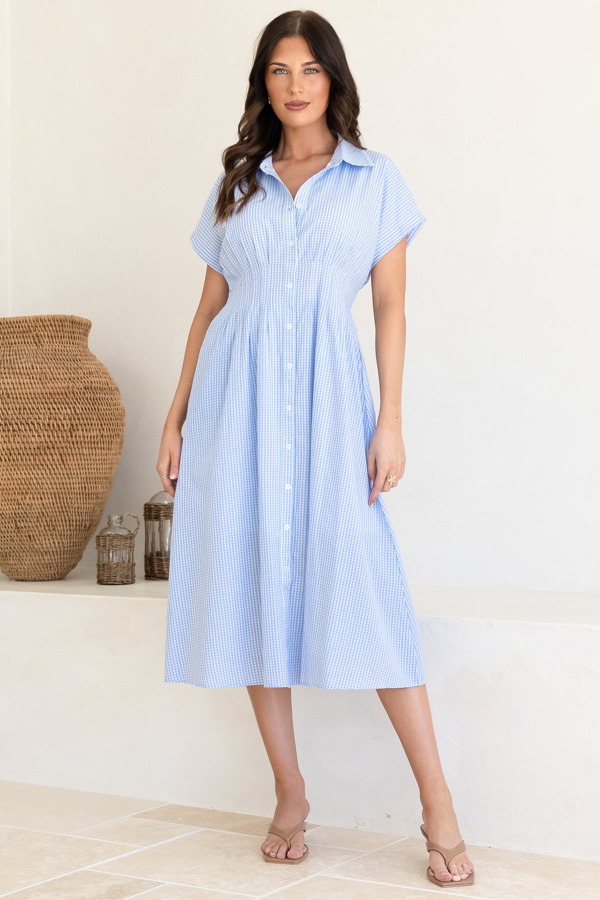 Lilla Midi Dress - Collared Buttoned Down A-Line Dress in Gingham Blue