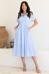 Lilla Midi Dress - Collared Buttoned Down A-Line Dress in Gingham Blue