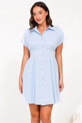 Lilla Mini Dress - Collared Buttoned Down A-Line Dress in Gingham Blue