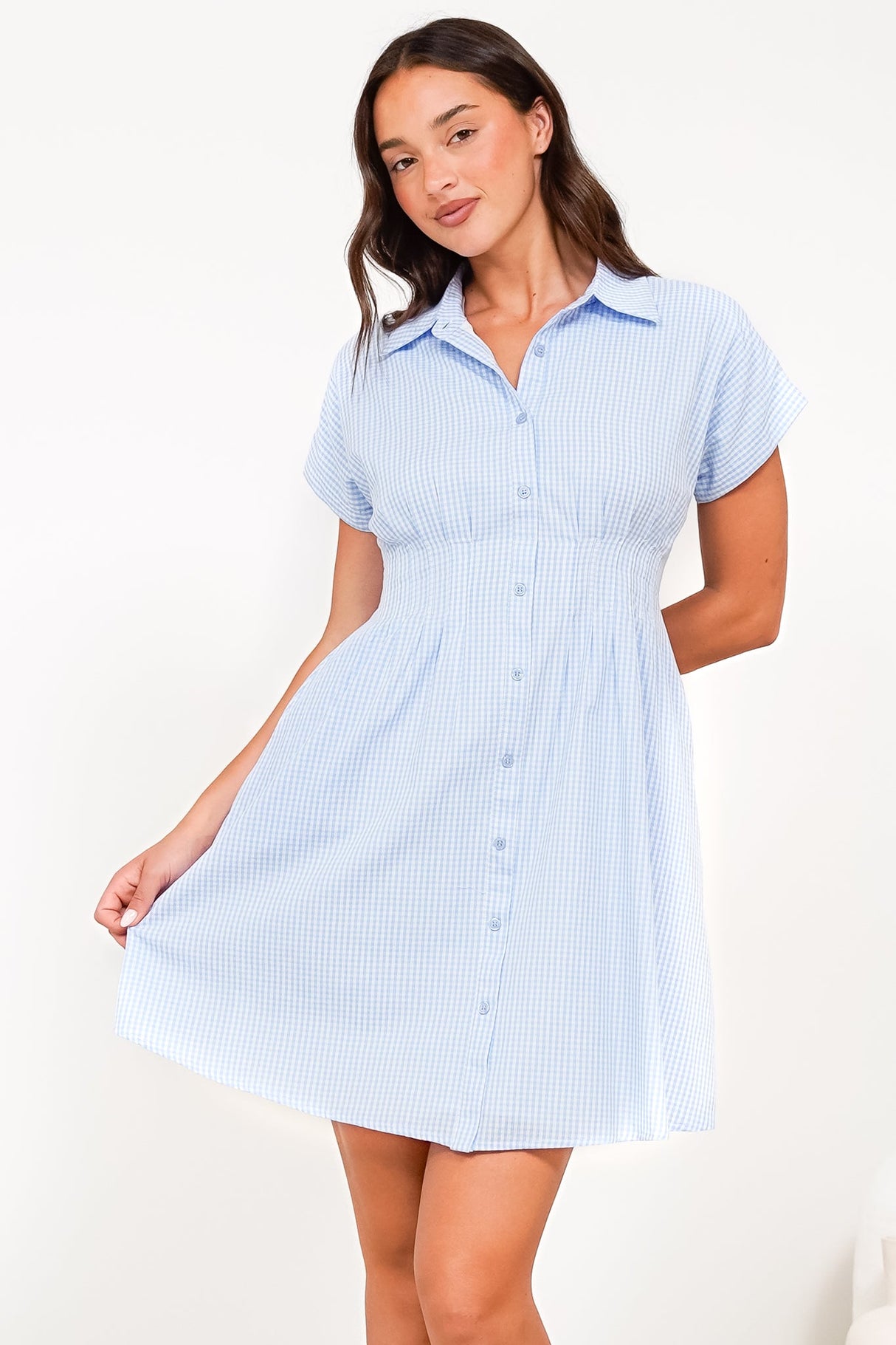 Lilla Mini Dress - Collared Buttoned Down A-Line Dress in Gingham Blue